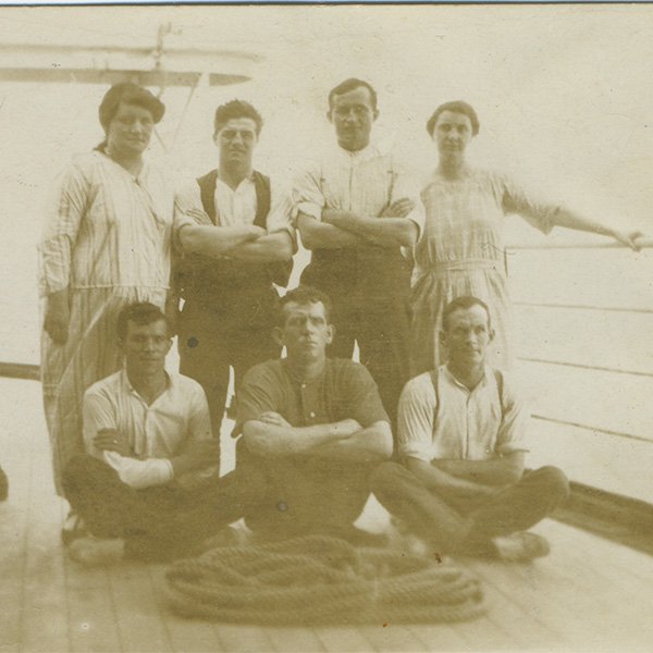Milenko (Mick) Garbin and fellow passengers aboard ship en route to Western Australia, circa 1906. Photo courtesy Peter Garbin and Jennifer Reid (before processing).