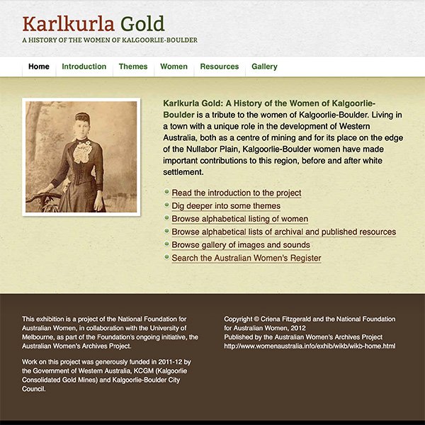 A picture showing a screenshot of the homepage of the Karlkurla Gold website. The site is a tribute to the women of Kalgoorlie-Boulder.
